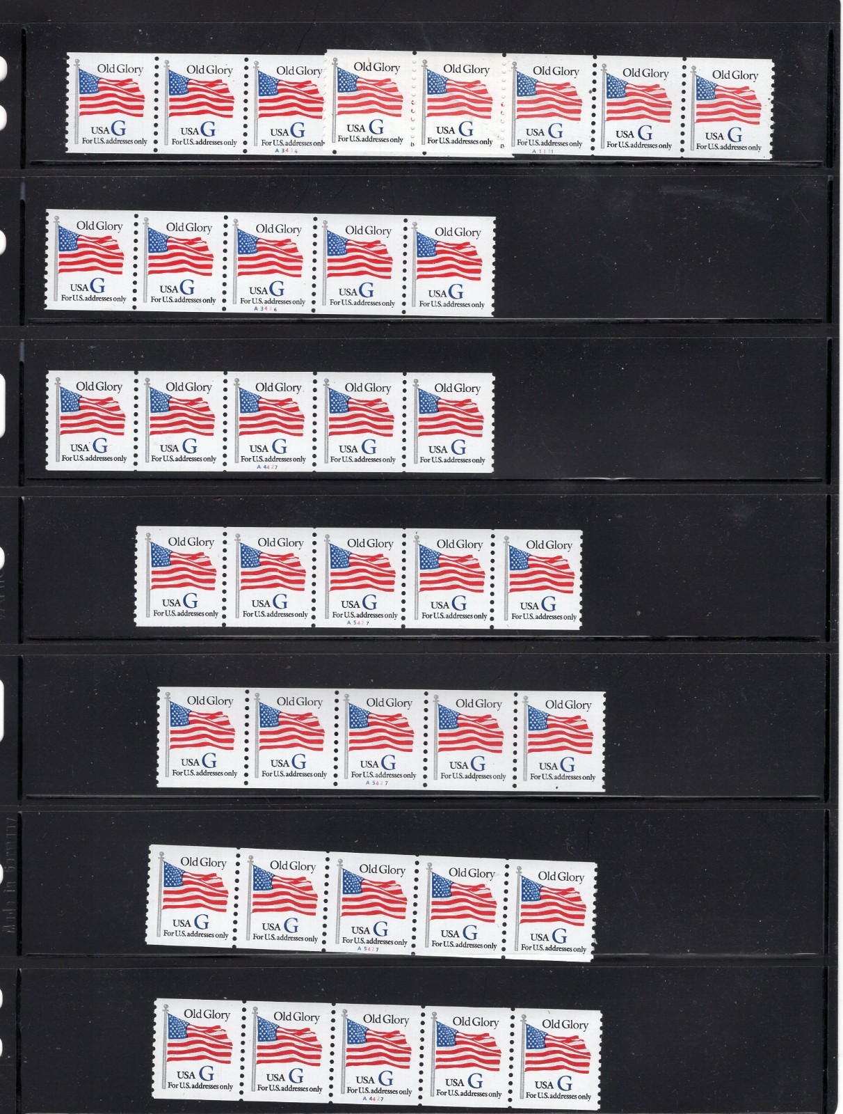 32 cent G Plate number coil Strips of 5, Face $59.20, Mint NH