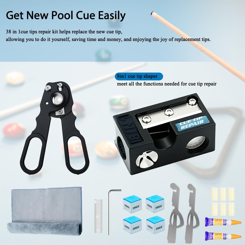 38PCS Pool Cue Tips Replacement Kit, 13mm Pool Stick Tips Replacement Kit wit...