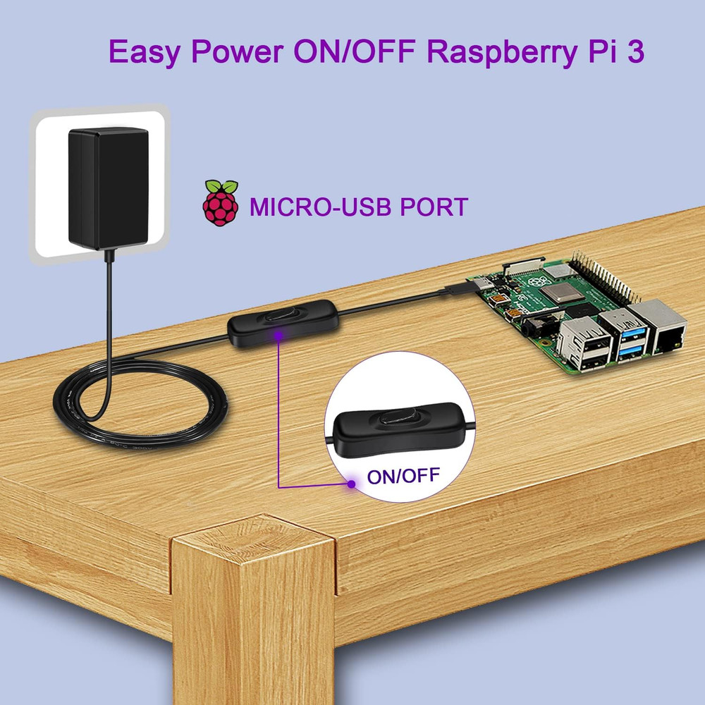 [UL Listed] Raspberry Pi Power Supply with Switch 15W 5V 3A Micro USB Raspberry