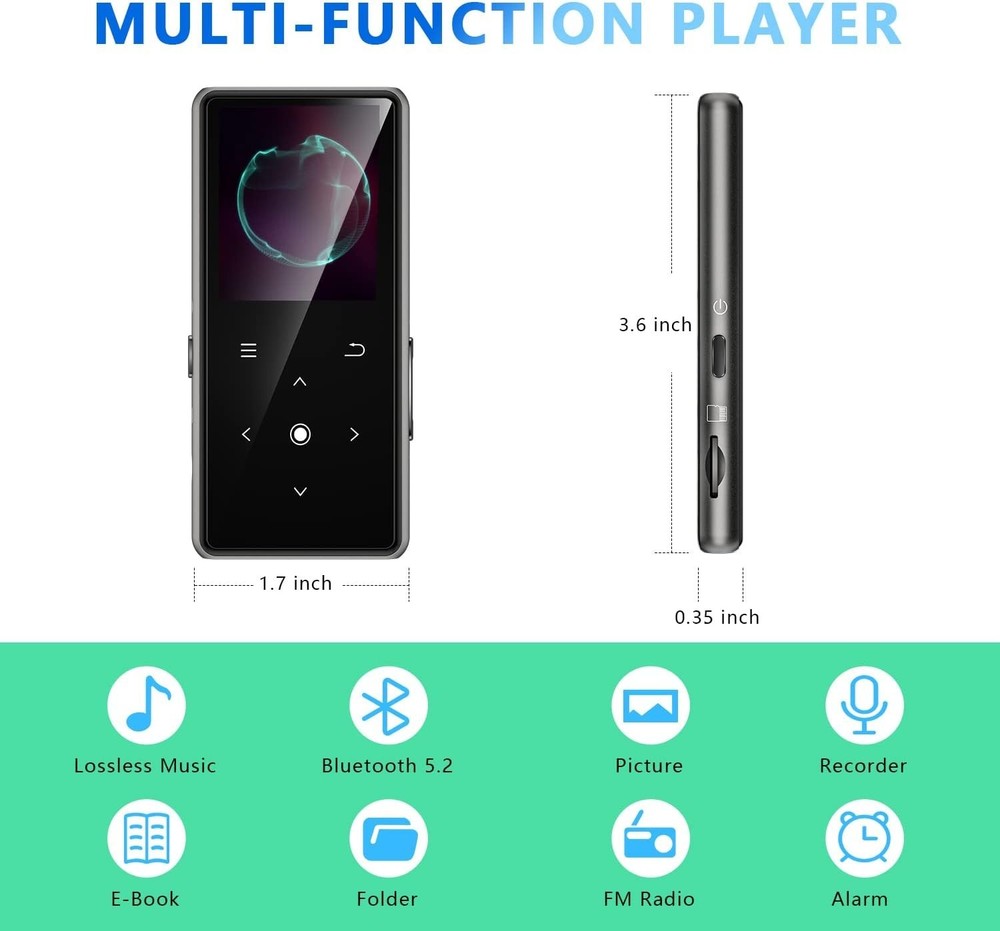 Compact 64GB MP3 Player with Touch Buttons, FM Radio & E-Book Function