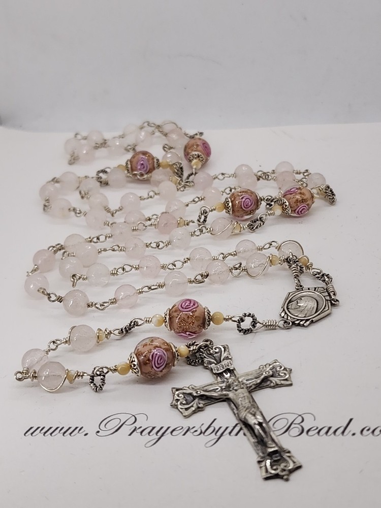 Vintage  Sterling Silver Rosary Rose Quartz And Mother Of Pearl Beads