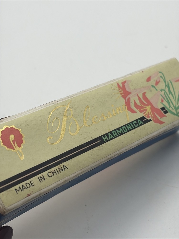 Vintage Harmonica BLESSING BIRDS ETCHED UNIQUE Blue