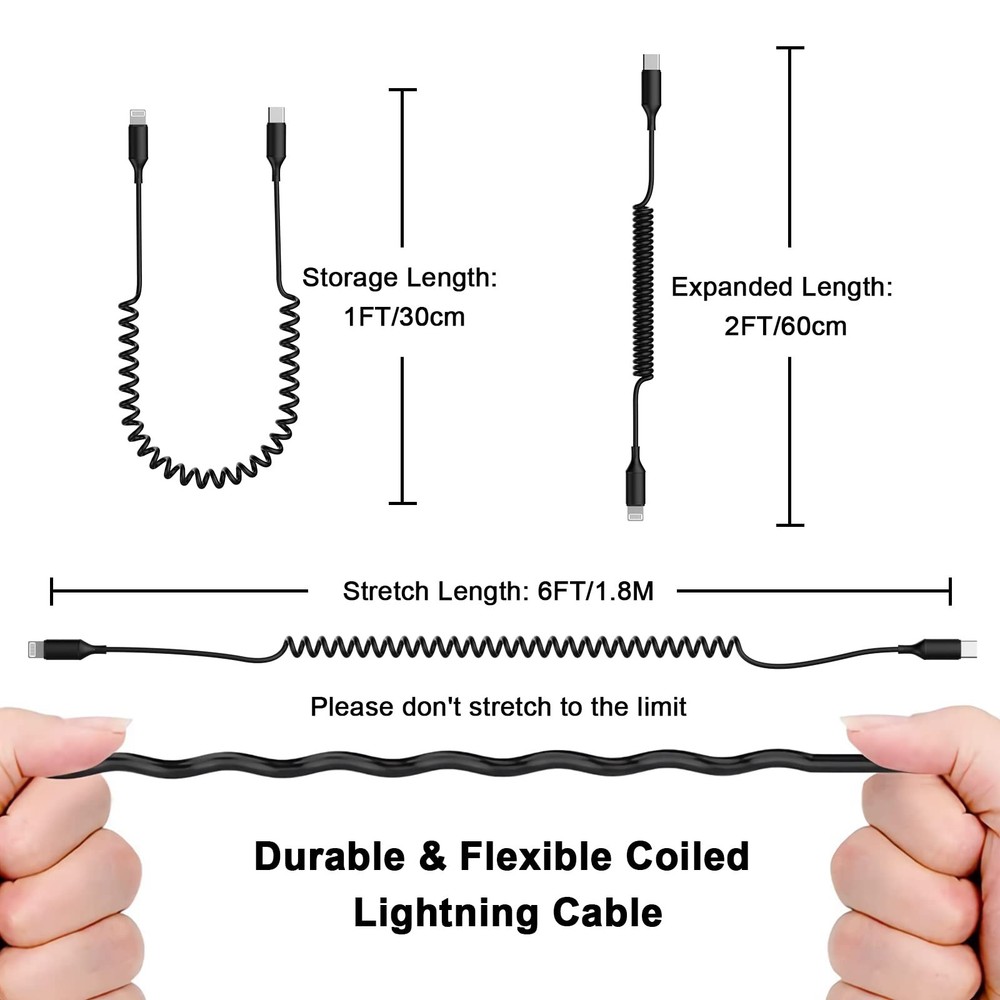 USB Type C to Lightning Cable 6FT 2Pack, [Apple MFi Coiled-USB C, black