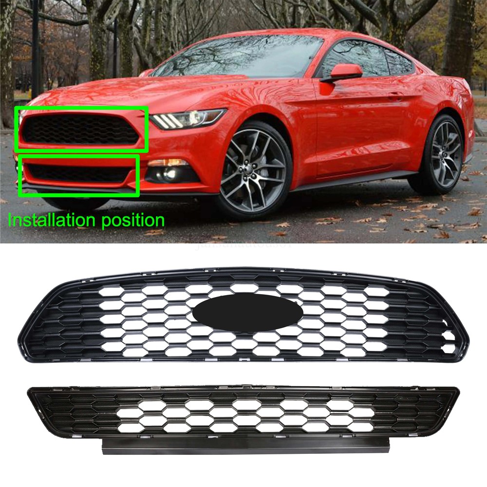 Front Bumper Upper&Lower Mesh Grille Grill Fit 2015 2016 2017 Ford Mustang 2PCS
