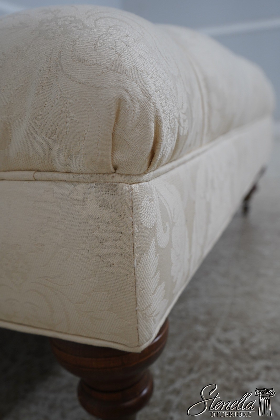 70448: ETHAN ALLEN Off White Tufted Damask Ottoman