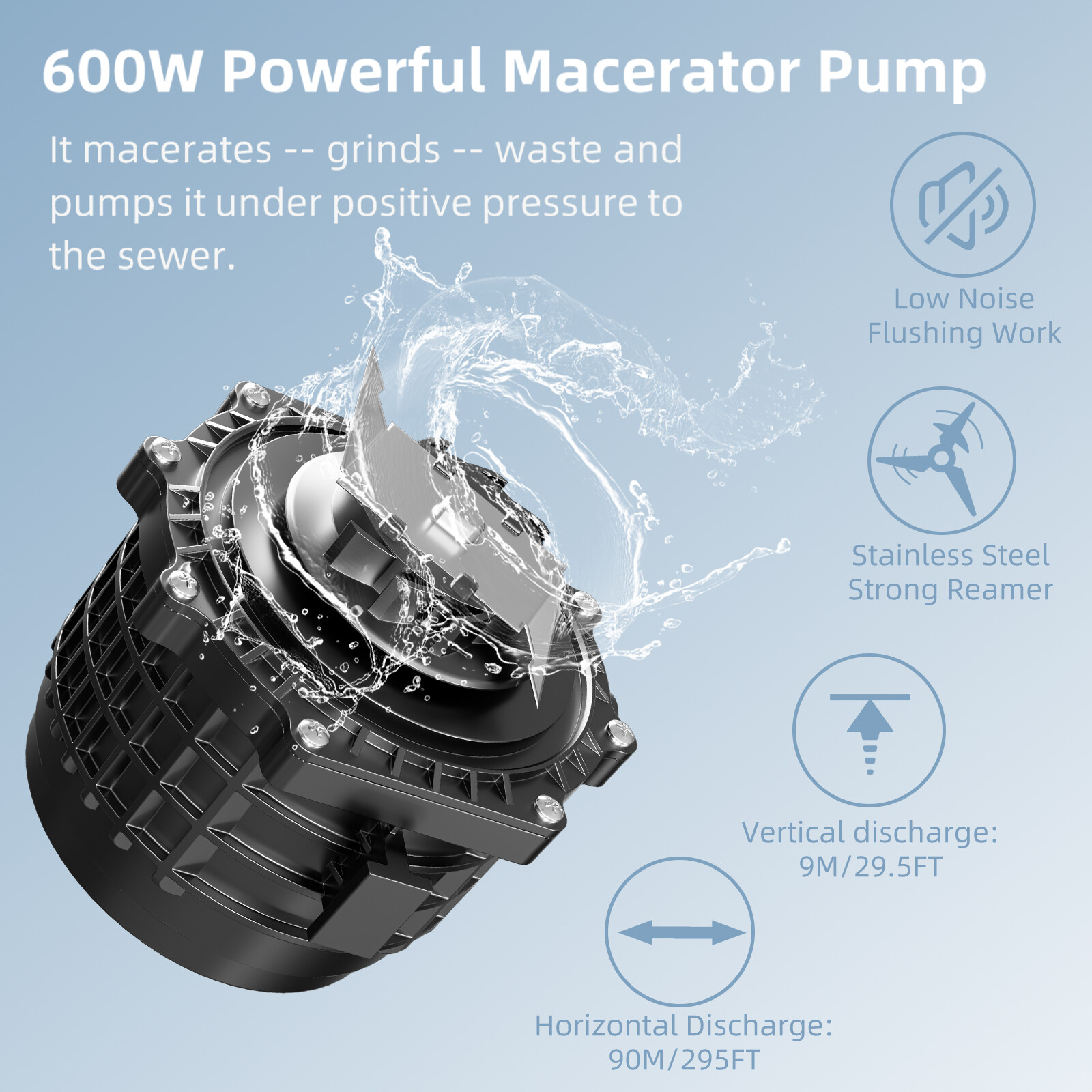 600W One Piece Macerating Toilet System Upflush Toilet with Pump 3 Inlets