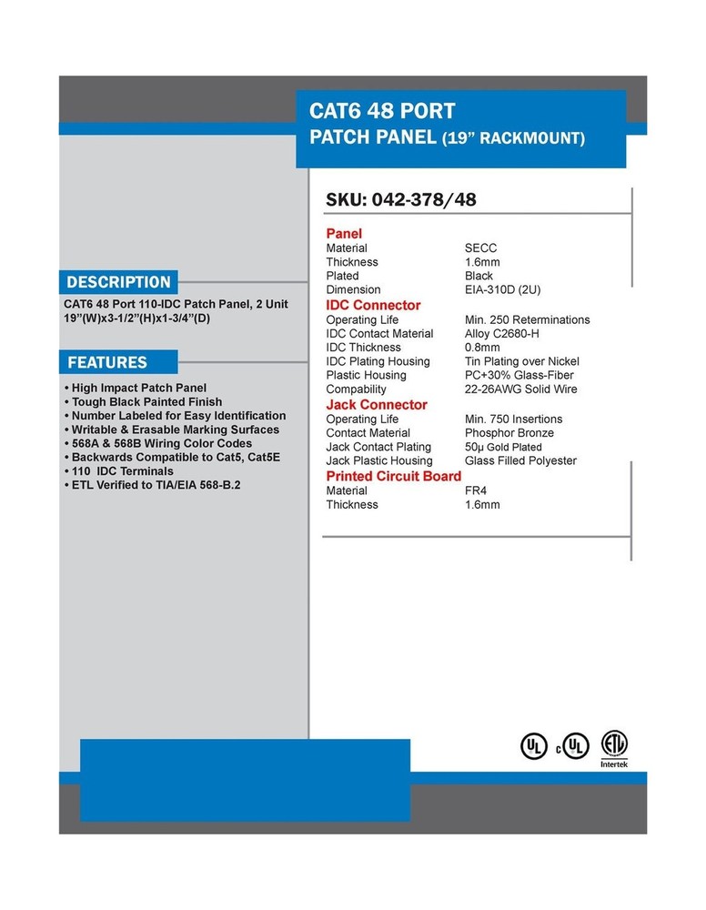 Vertical Cable Cat6 48 Port 19" Horizontal Rackmount 2U Patch Panel
