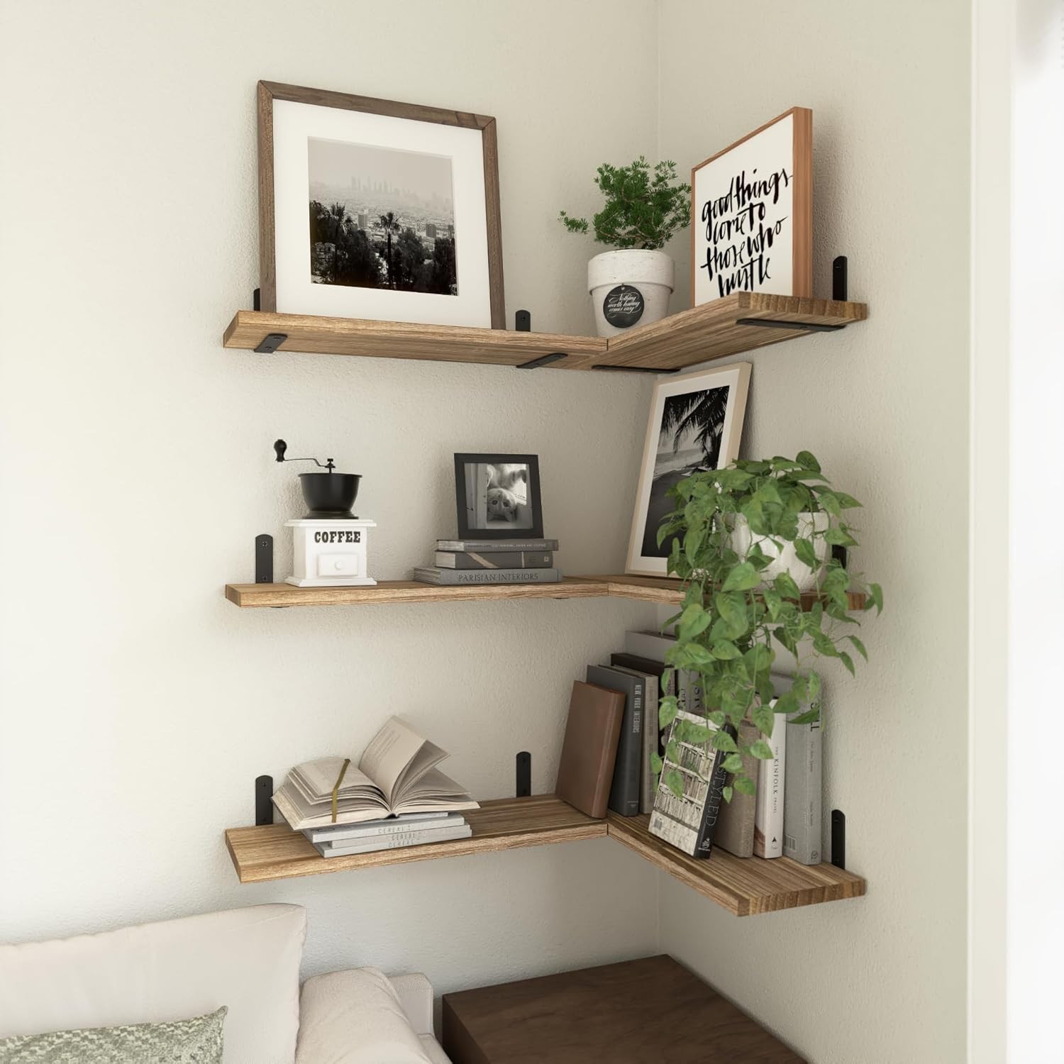 Wood Floating Shelves Set of 6 Shelves for Wall Decor - Rustic Brown