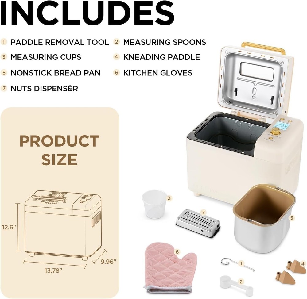 Neretva Bread Machine, 2.2LB 15-In-1 Bread Maker, Dual Heater Breadmaker Machine