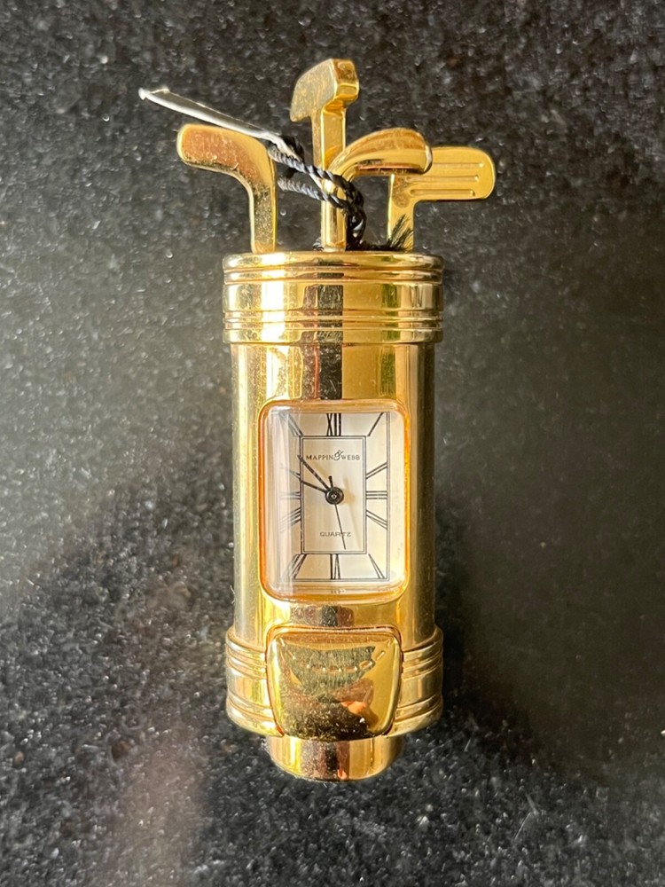 Mappin & Webb Golf themed solid brass desk clock, 3 1/8" high
