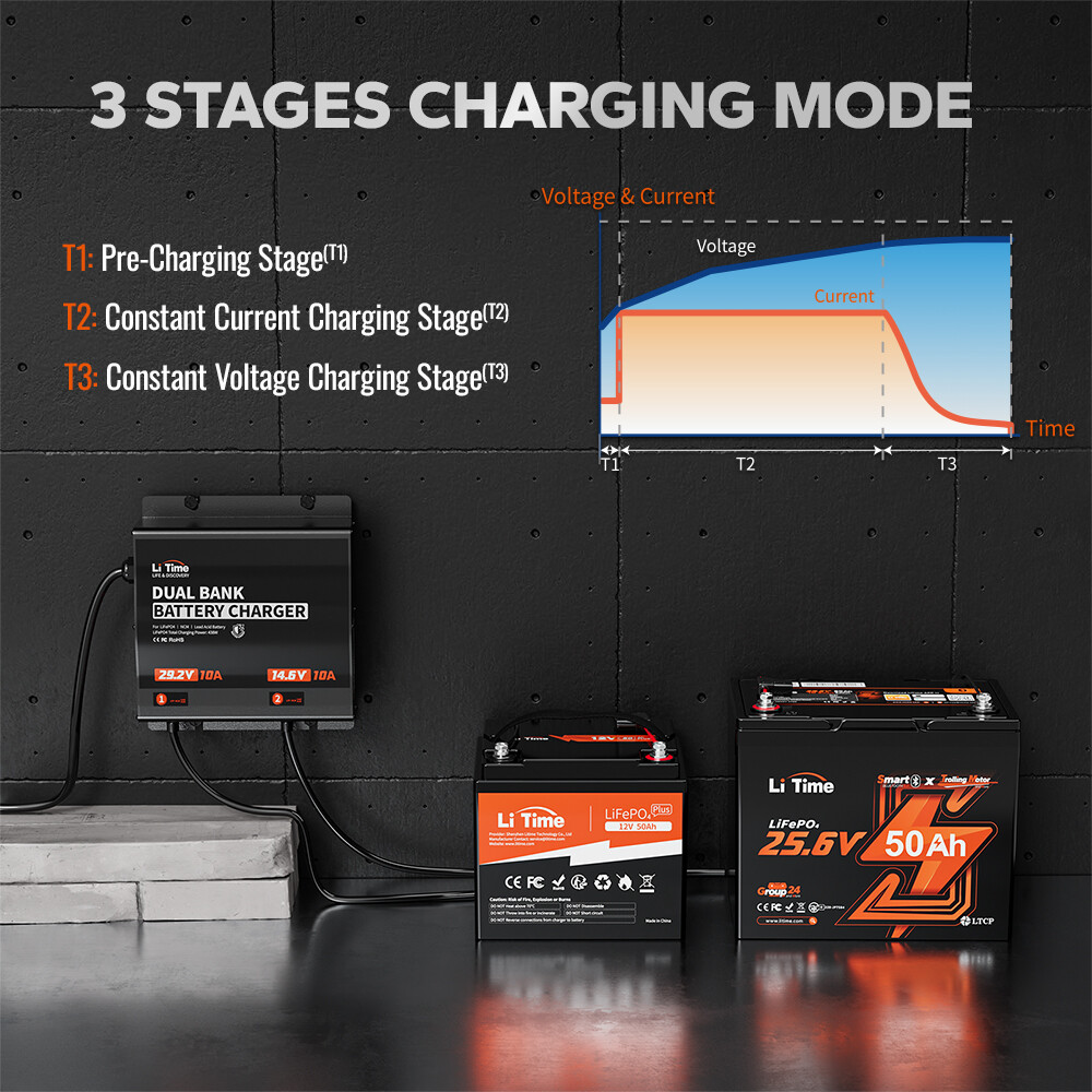 LiTime 14.6V 10A+29.2V 10A Dual Bank Battery Charger for LiFePO4 Lead Acid NCM