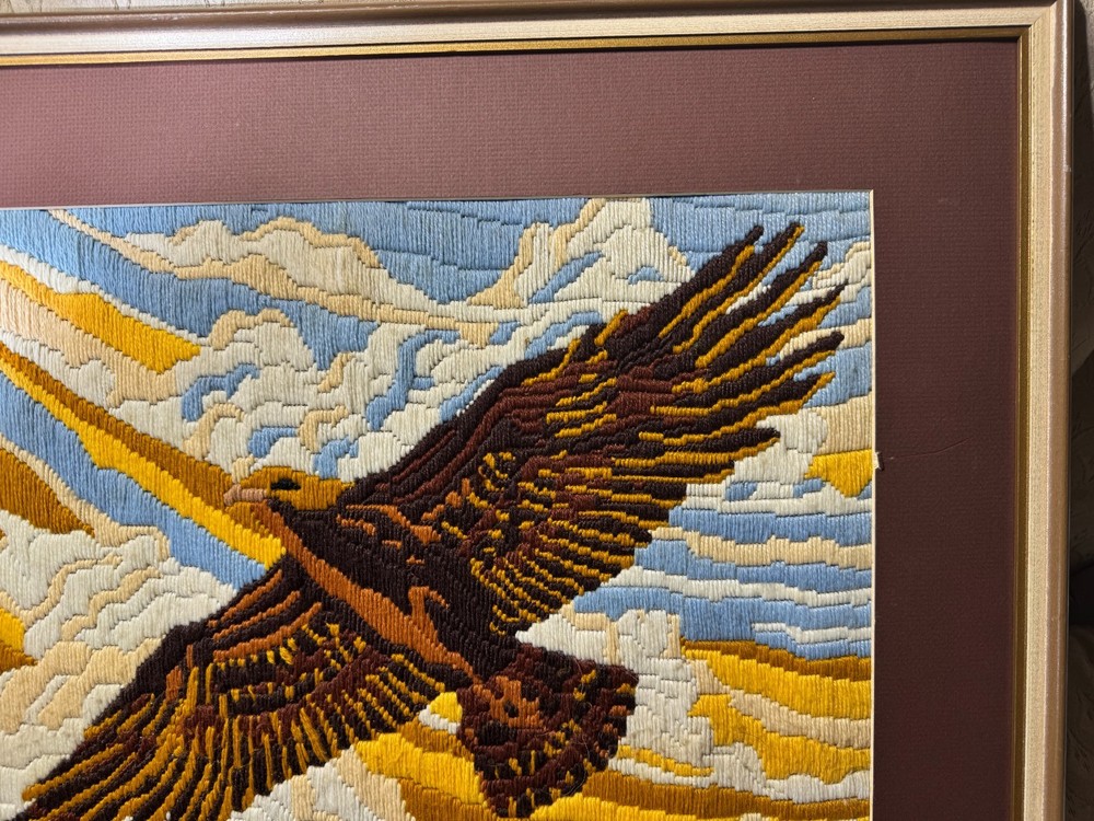 Large Vintage Needlepoint "An Eagle In Flight" - Framed