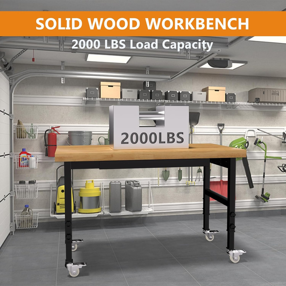48" Heavy-Duty Solid Wood Work Bench with Drawers, Adjustable Height Workbench w
