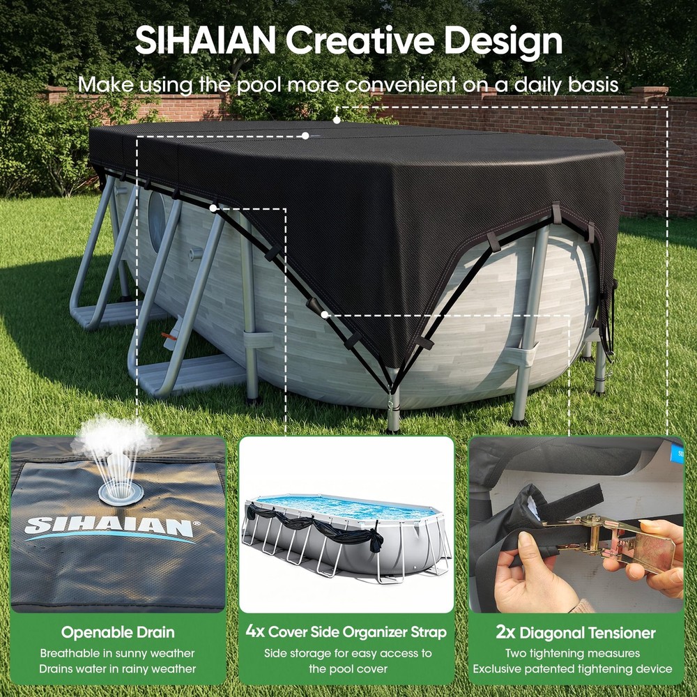 15x30Ft Oval Pool Cover Patented Design Four-Corner Locking 500D Rectangular ...