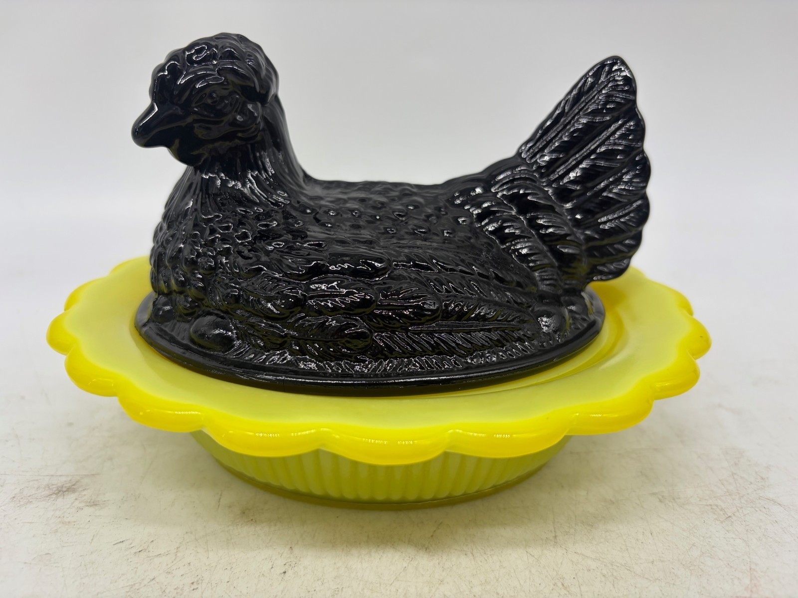 Black & Yellow Covered Hen Mosser Glass, USA