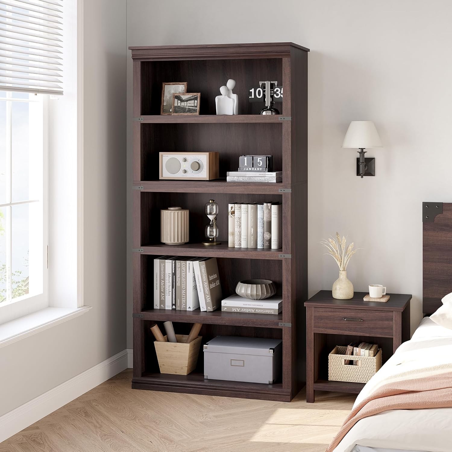 Cherry 5-Tier Wooden Bookcase with Open Display Shelves for Home Office