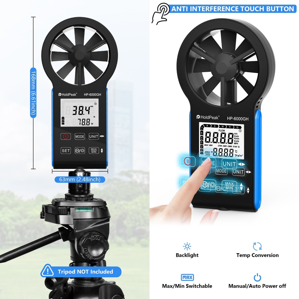 Digital Anemometer – Wind Speed, Airflow & Temperature Meter with USB-C Charging