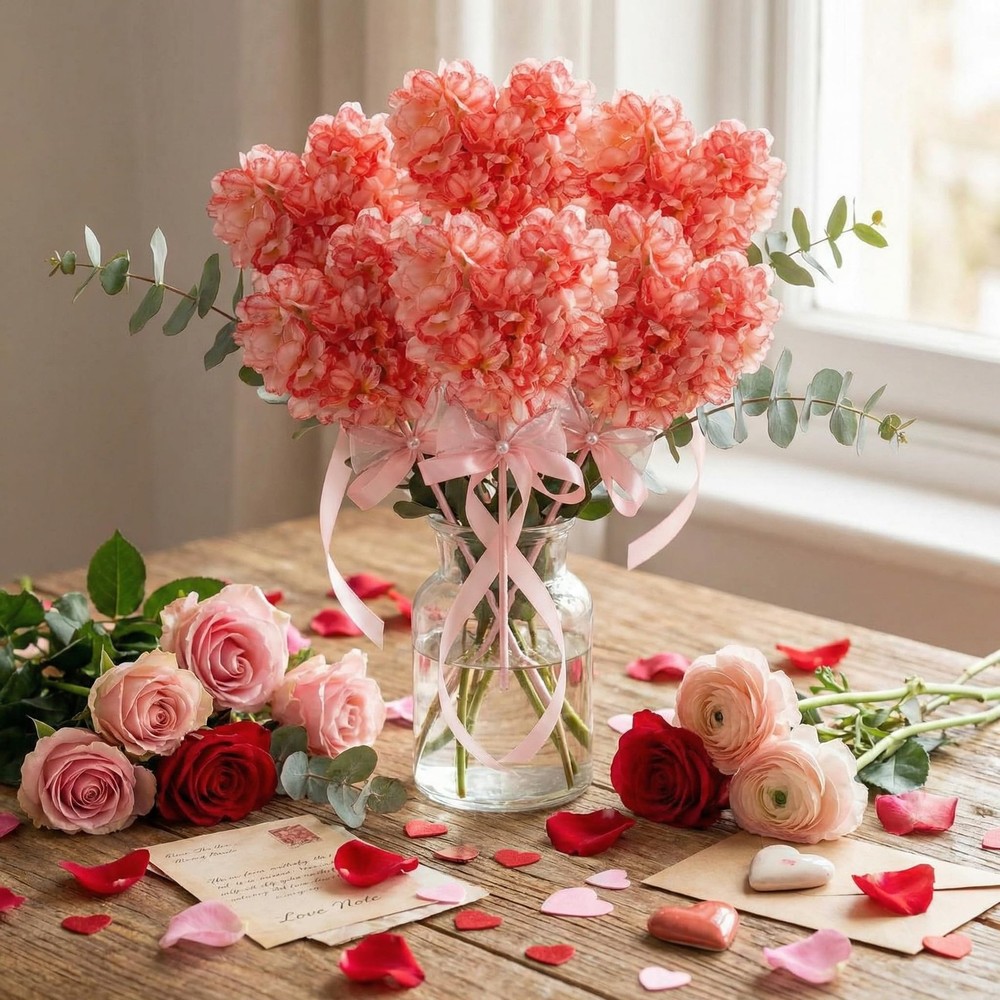 Suncalla 6 Set Heart Shaped Artificial Hydrangea Decor, Romantic Pink