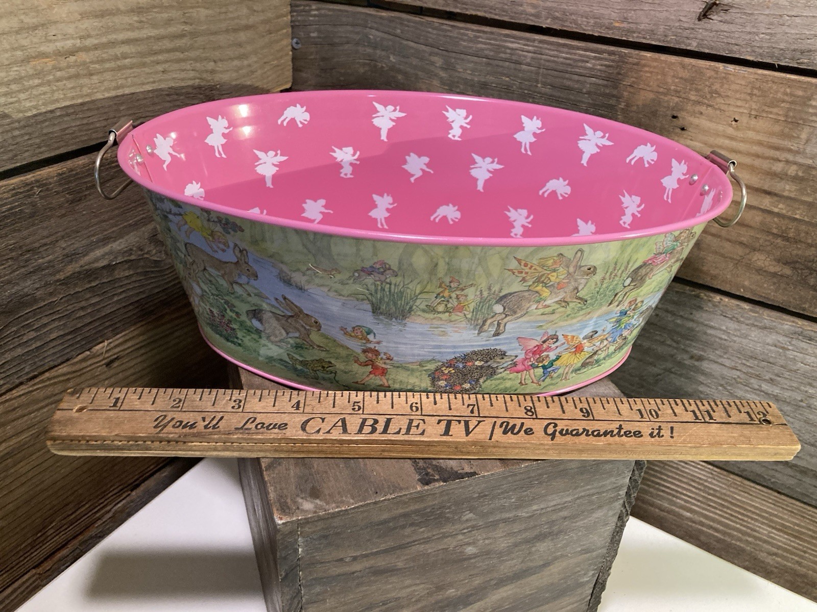 VTG Metal Easter Tin W/ Handles By Schylling 1996 Fairies Flowers