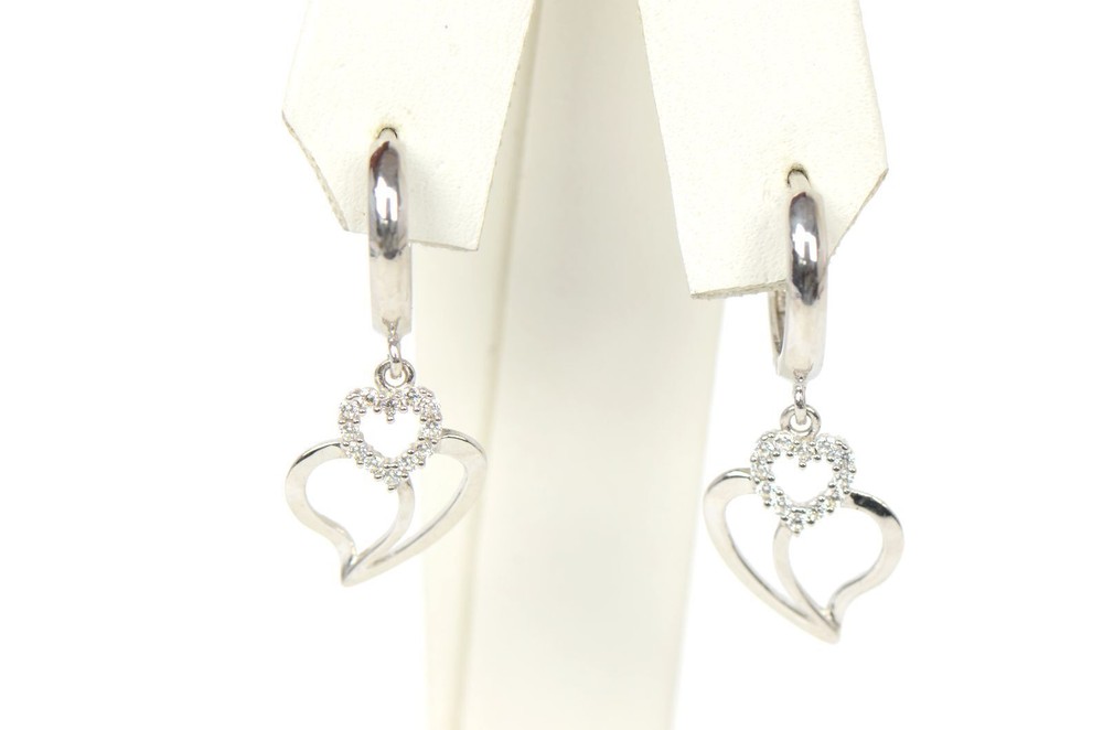 .925 Sterling Silver Huggie Dangle Heart Shape Earrings