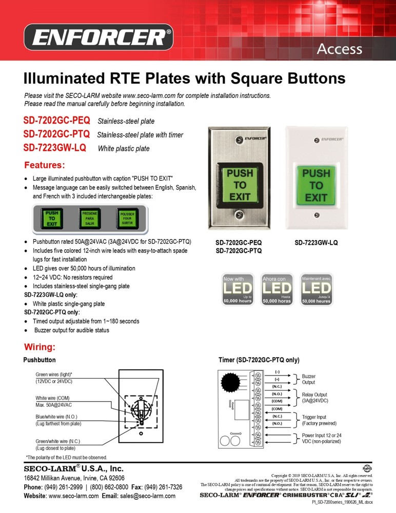 Seco-Larm SD-7202GC-PEQ Square Illuminated Pushbutton Request-to-Exit Plate