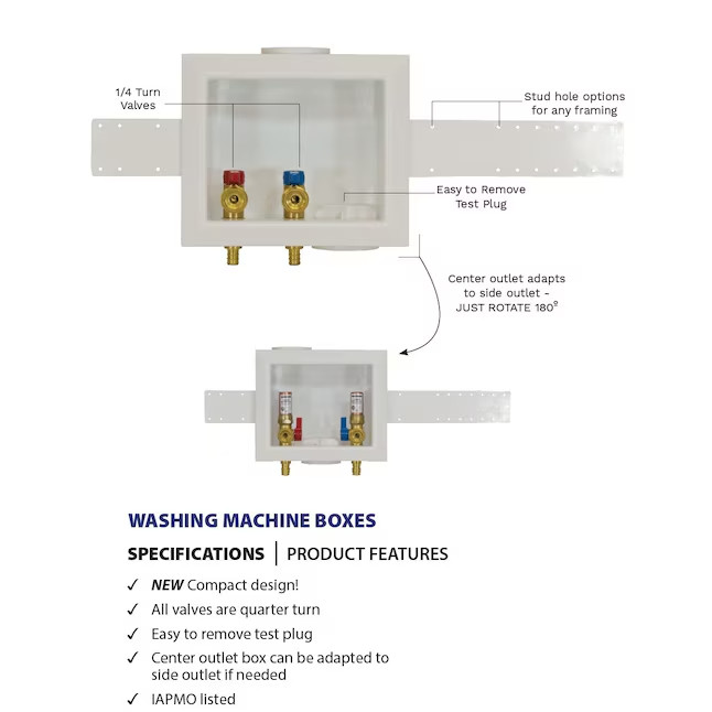 Jones Stephens Quarter turn ball valve PEX Washing machine Outlet Box B05850