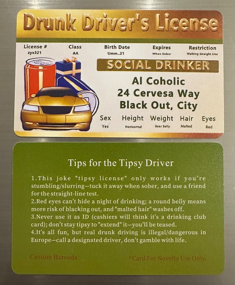 Drunk Driver's License Card - Joke Prop