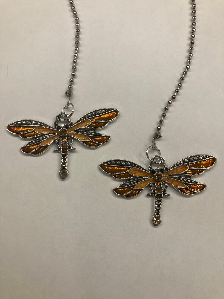 ANTIQUE SILVER ORANGE DRAGONFLY CEILING FAN LIGHT SWITCH PULL LARGE PAIR