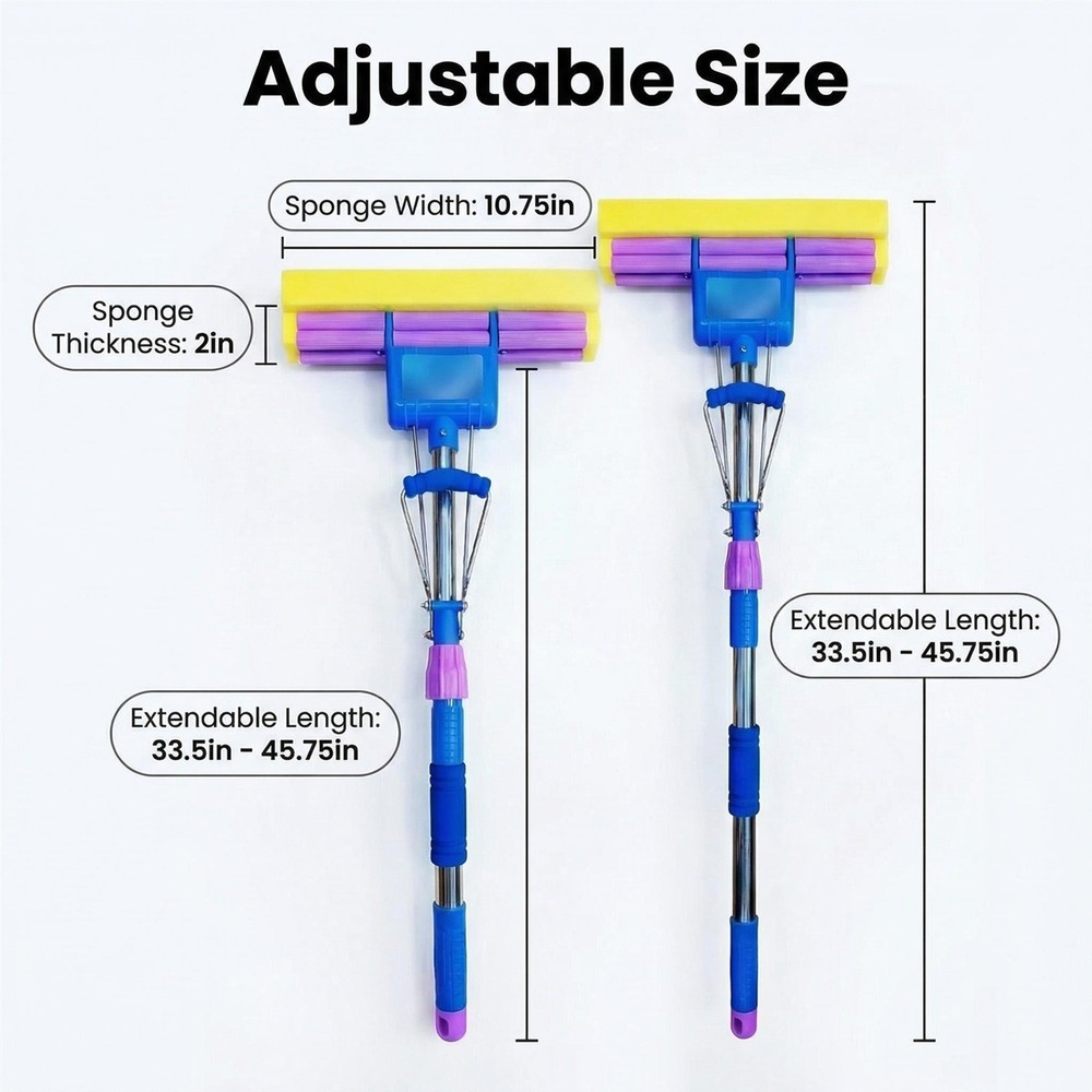 Sponge Mop with Extendable Stainless Steel Handle Absorbent for Bathroom Kitchen
