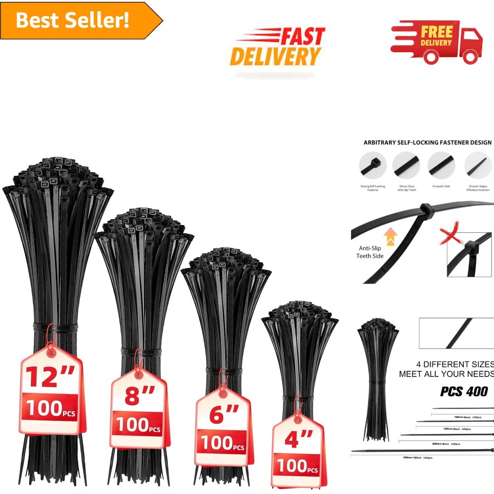 Durable 400-Pack Black Cable Zip Ties - Self-Locking for Every Project Need
