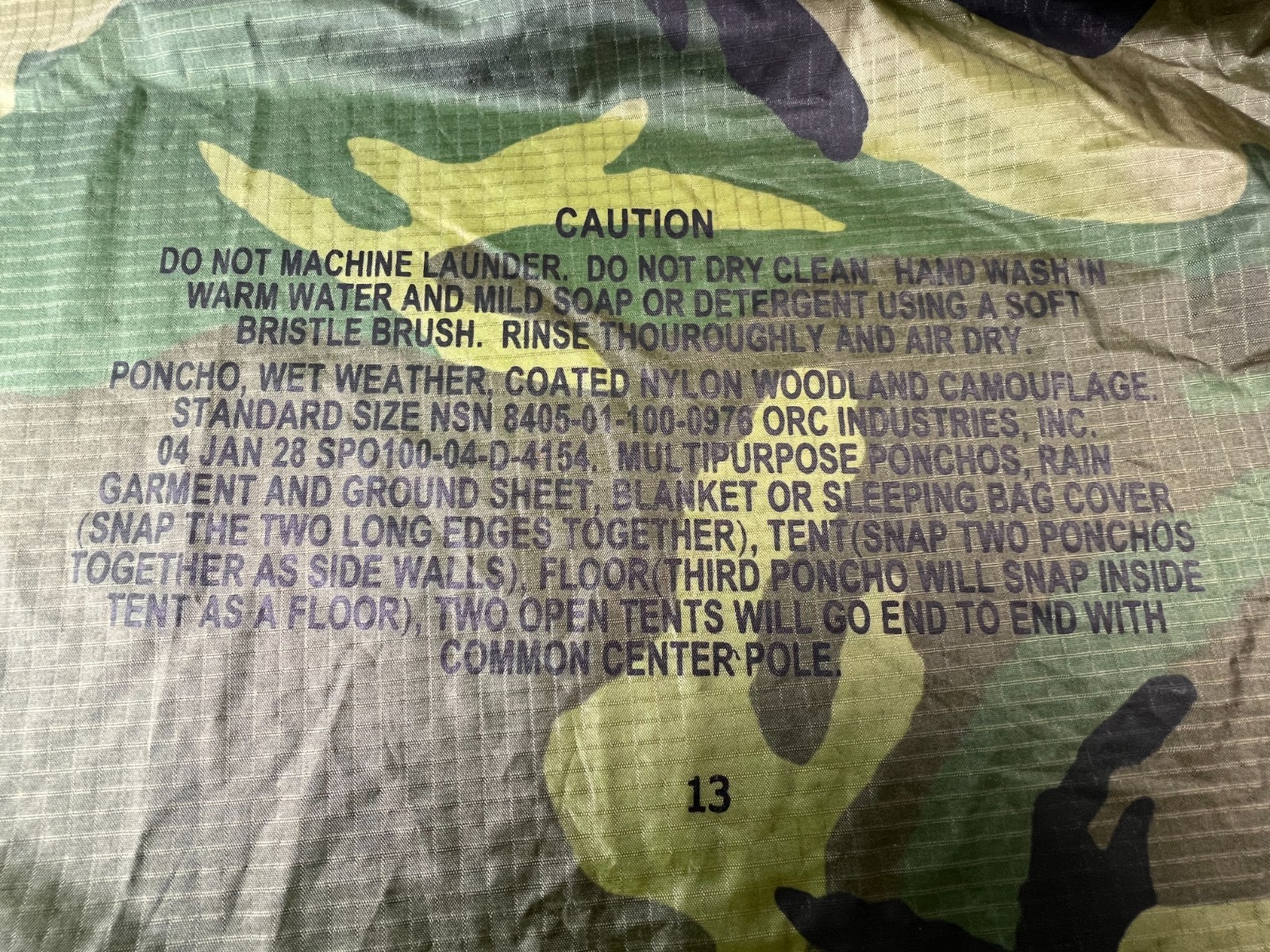 Camoflauge Poncho Wet Weather Rain Gear Military