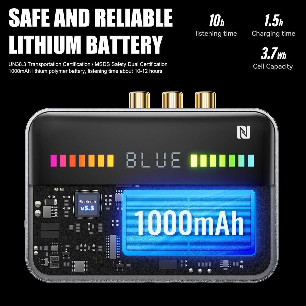 Bluetooth 5.3 Receiver Transmitter Wireless 3.5mm AUX NFC to 2 RCA Audio Adapter