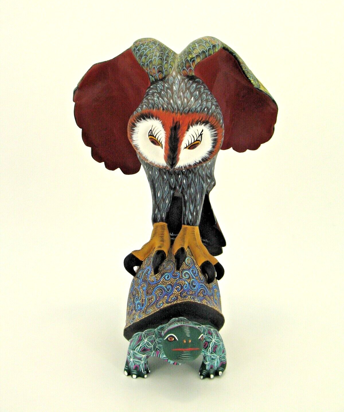 Oaxacan Wood Carving by Raul Ibanez "Owl on top of Tortoise" Mexican Folk Art