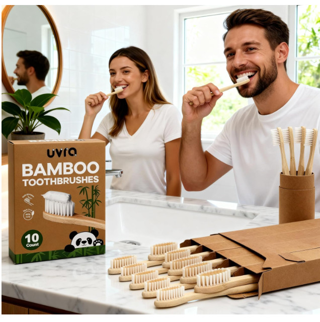 Bamboo Toothbrushes 10 Pack Biodegradable Soft Medium Charcoal Bristles