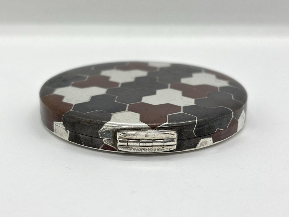 Vintage 950 grade Solid Silver Niello Compact Mirror Case - geometric pattern