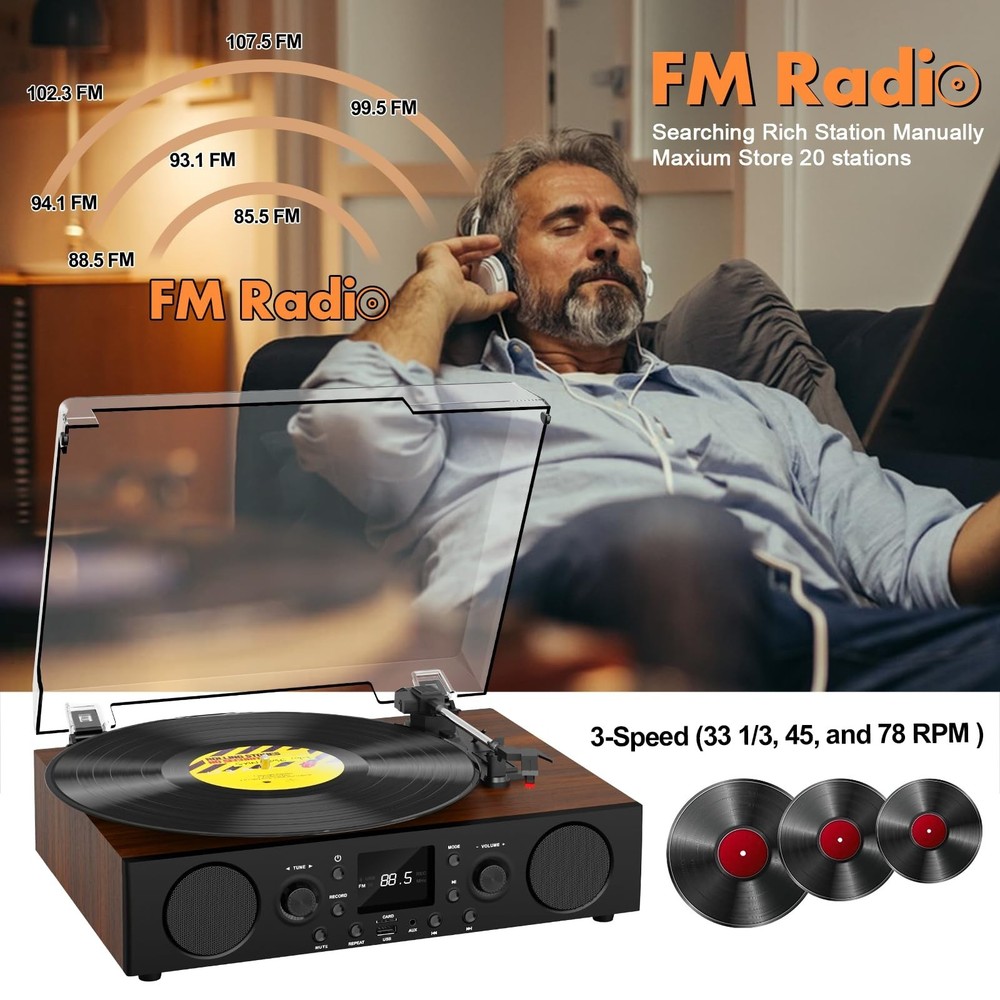 Vinyl Record Player with Built-in Speaker,Bluetooth Turntable with USB Record...