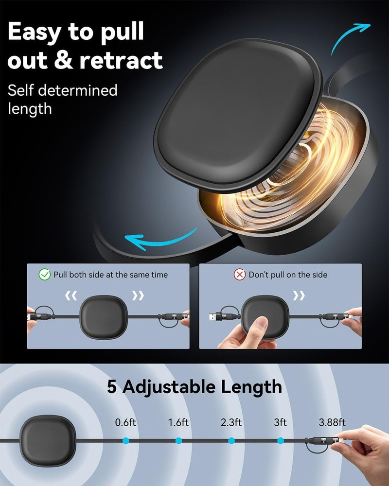 Multi Charging Cable, 2Pack 5 in 1 Retractable Lightning 4 feet, Black
