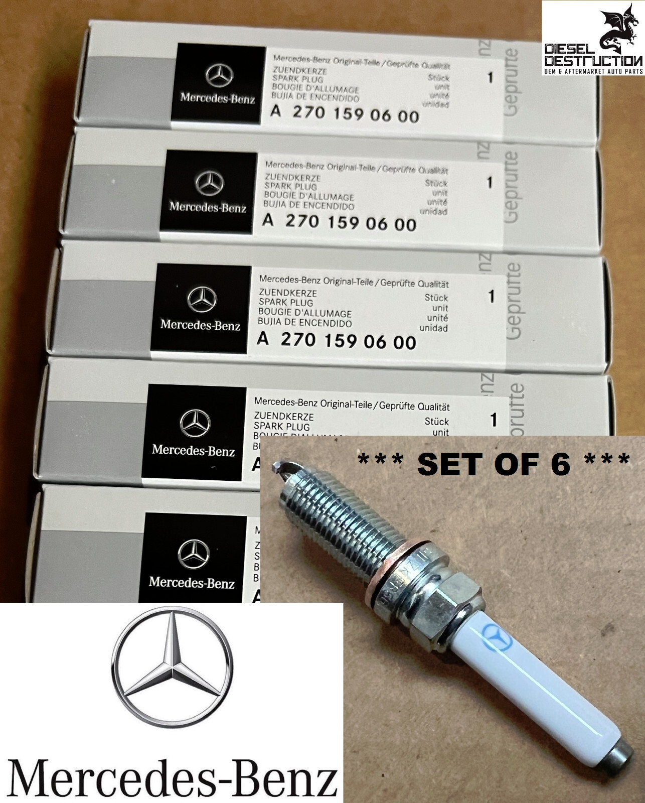 New Genuine OEM Mercedes A 270 159 06 00 - Set of 6 Spark Plugs ** SHIPS FREE
