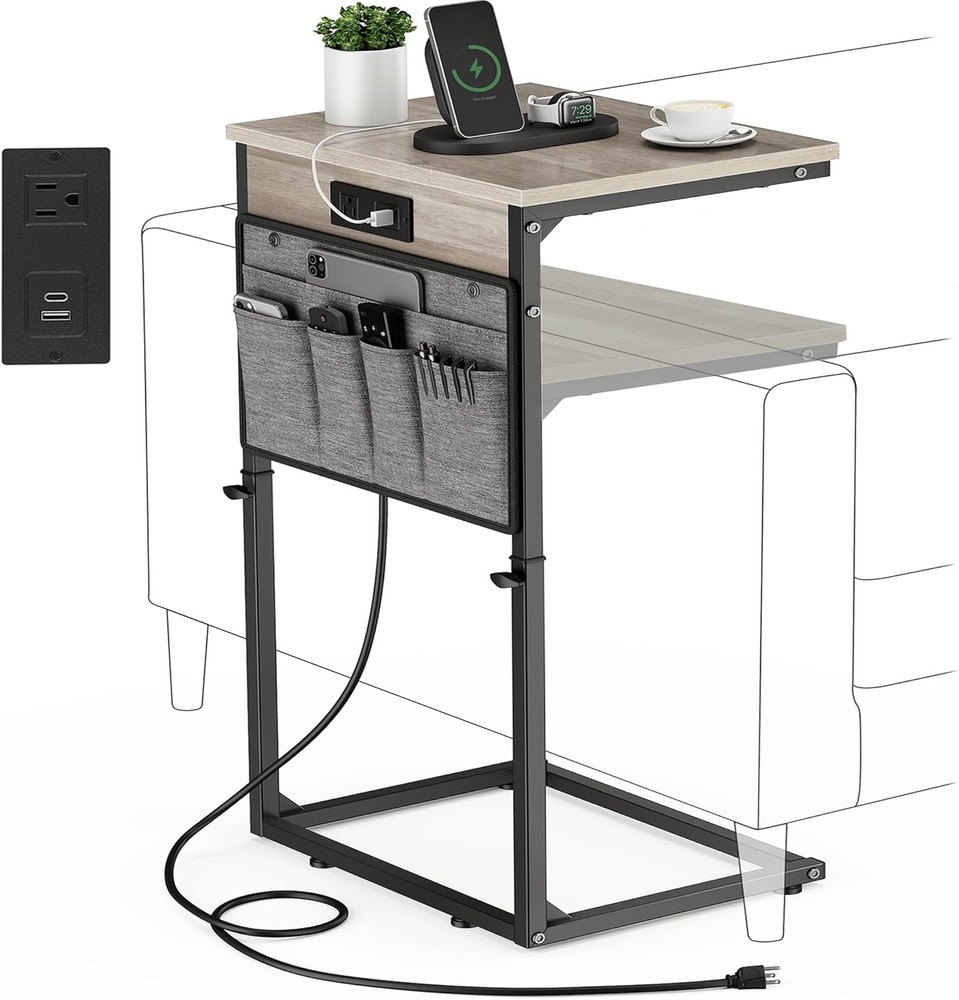 C Shaped End Table W/ Charging Station 33"Tall C Table End Table Adjustable