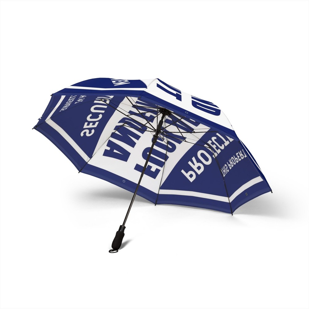 Protected By Security System Foldable Umbrella | Blue Warning Sign