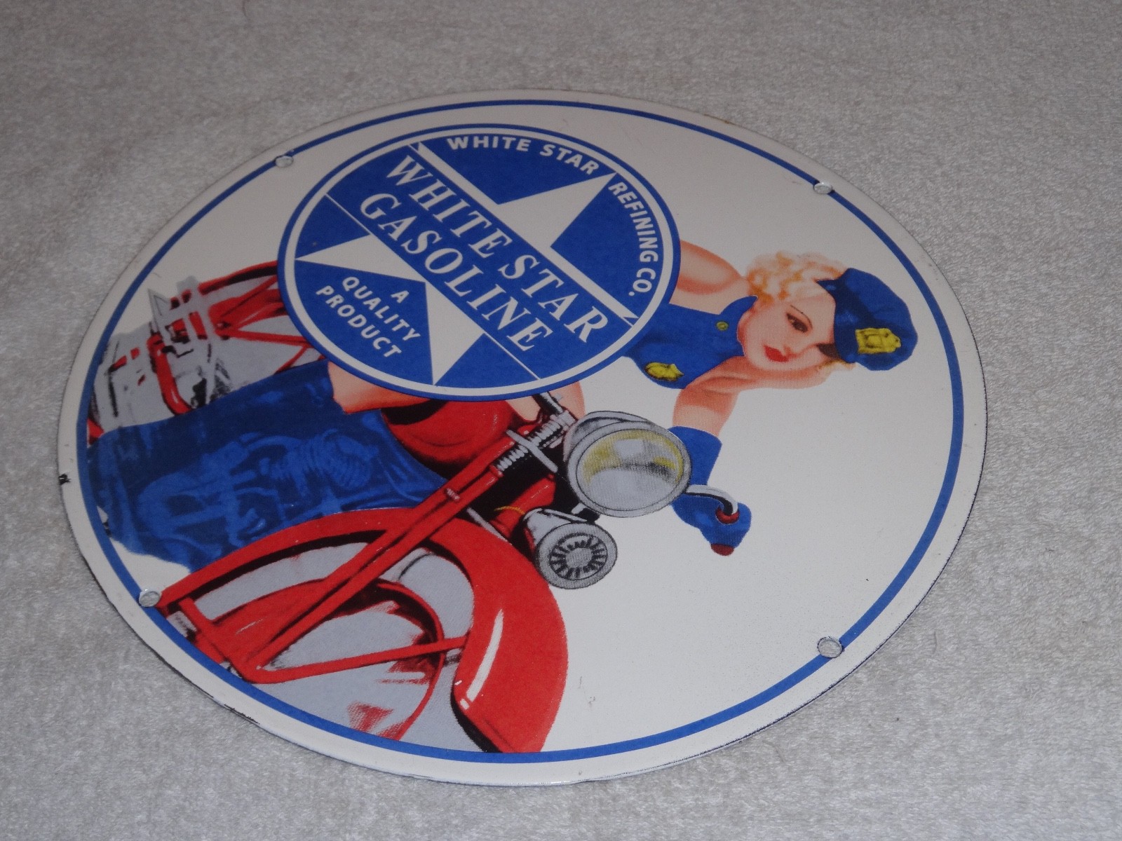 VINTAGE WHITE STAR GASOLINE "WOMAN ON MOTORCYCLE" 12" PORCELAIN METAL MOBIL SIGN