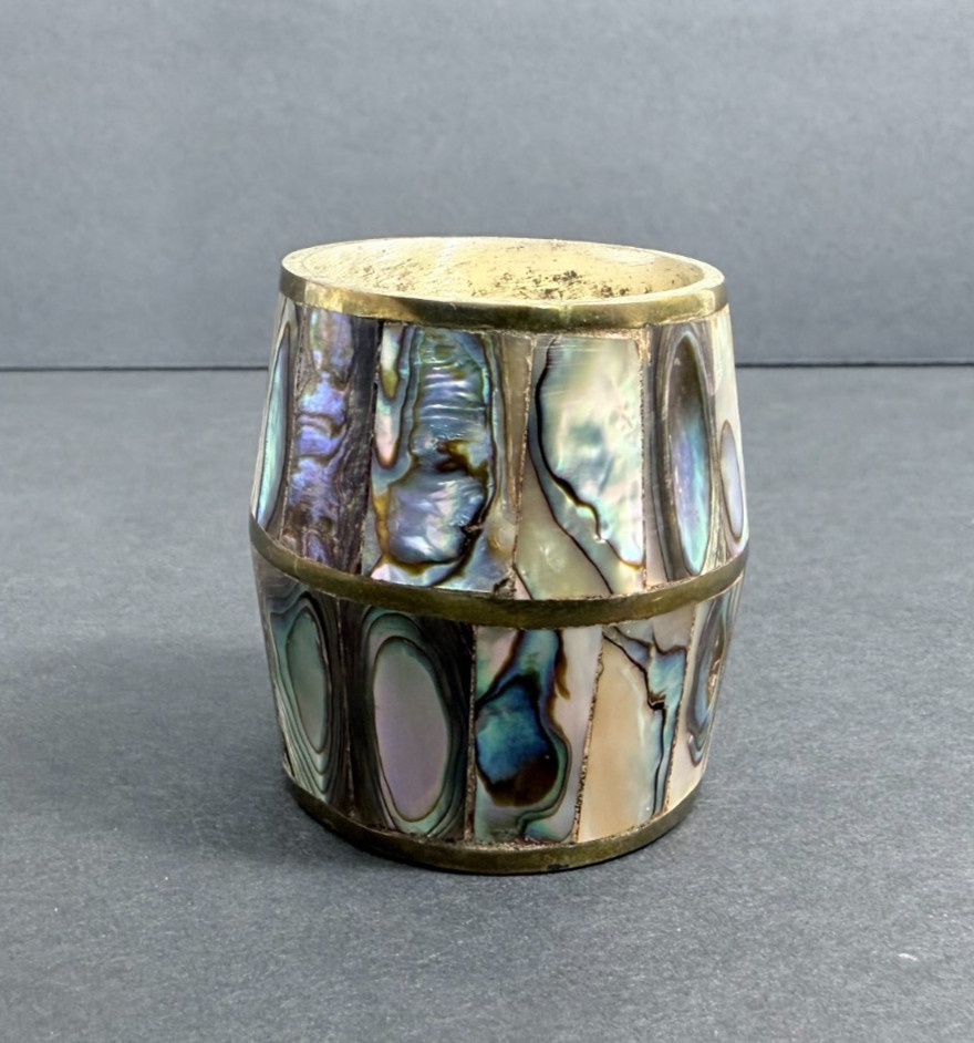 Vintage Brass and Abalone Barrel Shaped Shell Shot Glass Made in Mexico