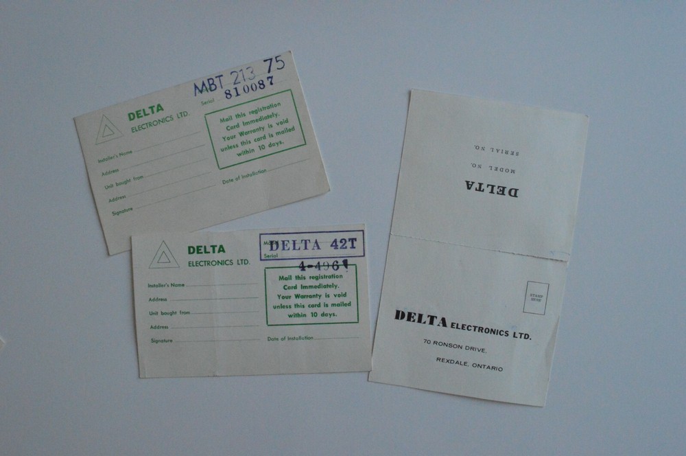 DELTA Electronics 1960s Registration cards