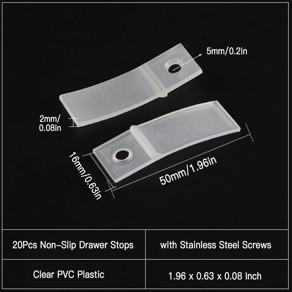 20Pcs Non-Slip Drawer Stops, Clear PVC Plastic Rectangular-50mm,