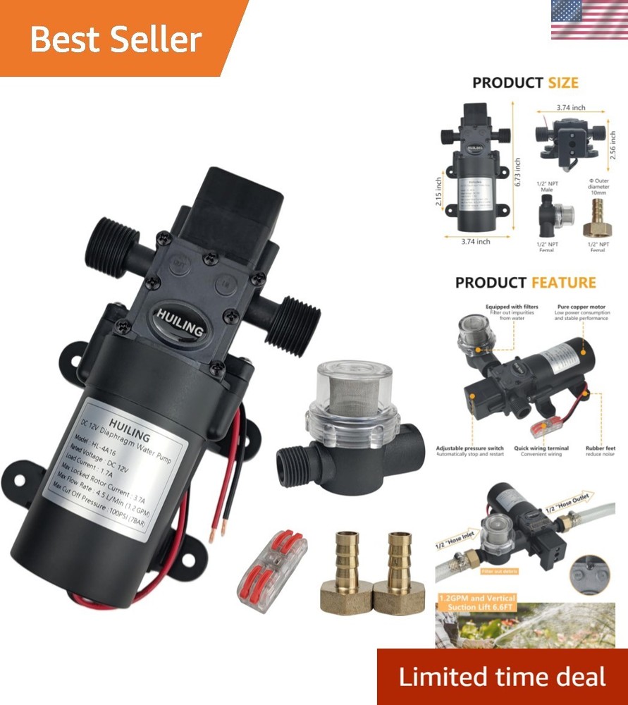 DC 12V Diaphragm Pump, Self-Priming Pump with Filter Quick Connection Termina...