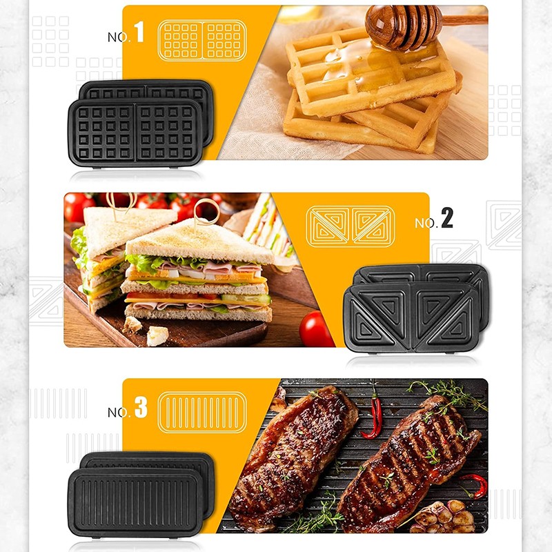 1200W 3-in-1 Waffle Iron Panini Press Sandwich Maker with Removable Plates 120V