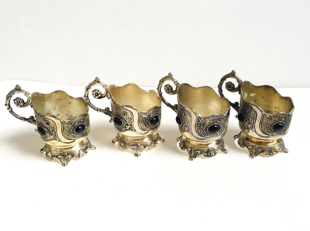 12 sets Tea Glass & Cup Holders Silver Plated With Black Stones Decorative E1-35