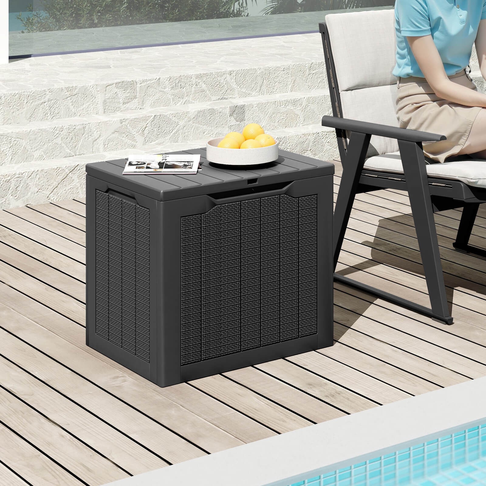 Outdoor Storage Box w/Lockable Lid & Wicker-woven Texture for Pool Accessories