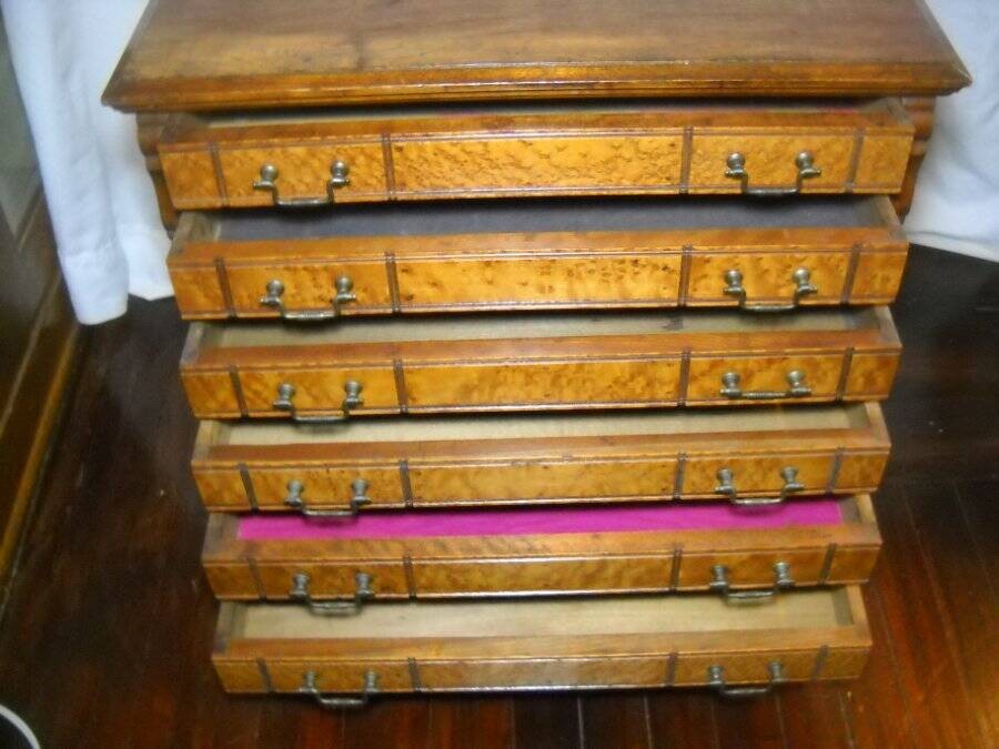 1890 Willimantic 6 Drawer Spool Cabinet Cherry & Birdseye Maple Owl Logo Decal