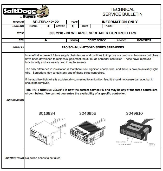 BUYERS SALTDOGG SPREADER CONTROLLER 3057918 REPLACES 3016934 3046955 3049810
